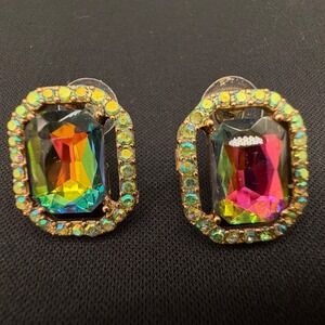 Kirks Folly Rainbow Crystal Earrings Aurora Borealis Statement Glam Clip